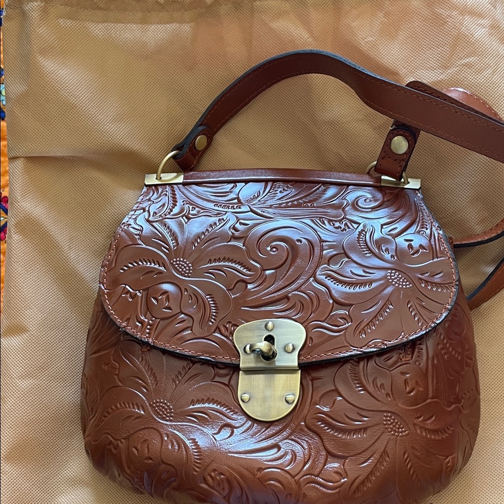 PATRICIA NASH~Embossed Brown Leather Handbag